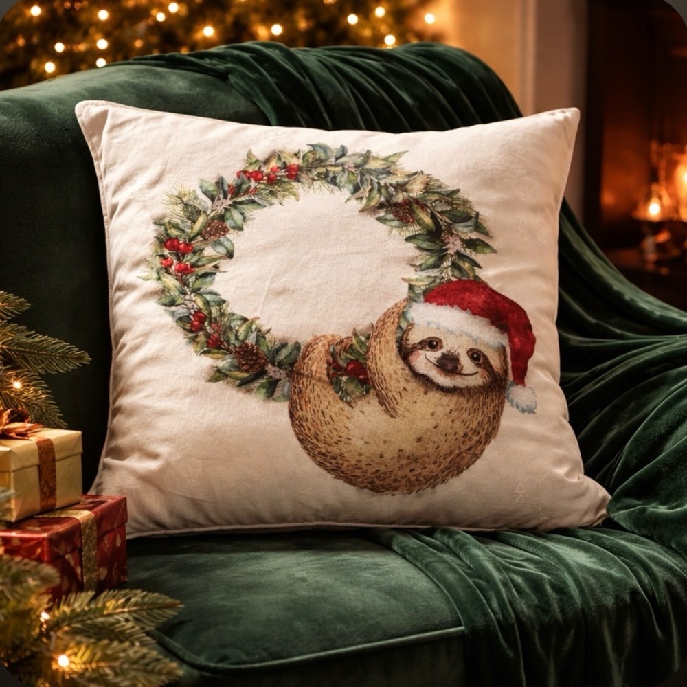Holiday Sloth Wreath Pillow